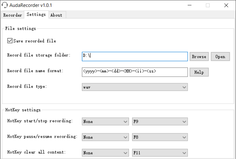 Settings page